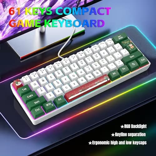 Snpurdiri 60% Wired Gaming Keyboard, RGB Backlit Small Ultra-Compact 61 Keys 60 Percent Gaming Keyboard for PC/Mac Gamer, Typist, Travel, Easy to Carry on Business Trip(Red Green White) image