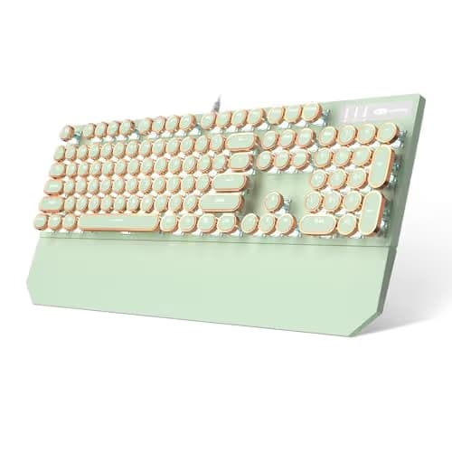 Camiysn Typewriter Style Mechanical Gaming Keyboard, Green Retro Punk Gaming Keyboard with White Backlit, 104 Keys Blue Switch Wired Cute Keyboards, Round Keycaps for Windows/Mac/PC image
