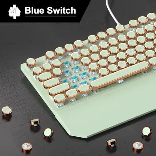 Camiysn Typewriter Style Mechanical Gaming Keyboard, Green Retro Punk Gaming Keyboard with White Backlit, 104 Keys Blue Switch Wired Cute Keyboards, Round Keycaps for Windows/Mac/PC image