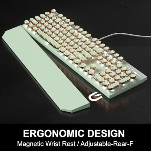 Camiysn Typewriter Style Mechanical Gaming Keyboard, Green Retro Punk Gaming Keyboard with White Backlit, 104 Keys Blue Switch Wired Cute Keyboards, Round Keycaps for Windows/Mac/PC image
