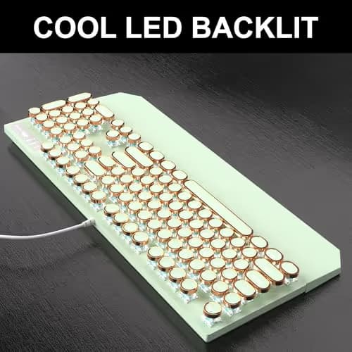Camiysn Typewriter Style Mechanical Gaming Keyboard, Green Retro Punk Gaming Keyboard with White Backlit, 104 Keys Blue Switch Wired Cute Keyboards, Round Keycaps for Windows/Mac/PC image