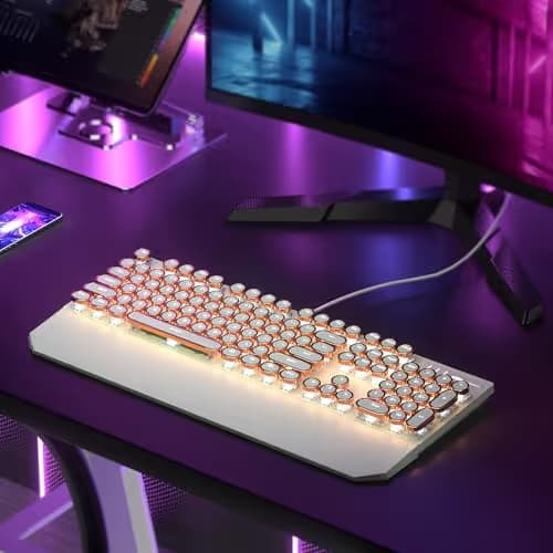 Camiysn Typewriter Style Mechanical Gaming Keyboard, Green Retro Punk Gaming Keyboard with White Backlit, 104 Keys Blue Switch Wired Cute Keyboards, Round Keycaps for Windows/Mac/PC image