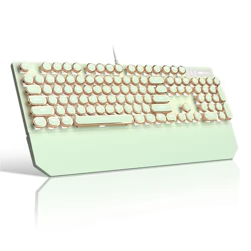 Camiysn Typewriter Style Mechanical Gaming Keyboard, Green Retro Punk Gaming Keyboard with White Backlit, 104 Keys Blue Switch Wired Cute Keyboards, Round Keycaps for Windows/Mac/PC image