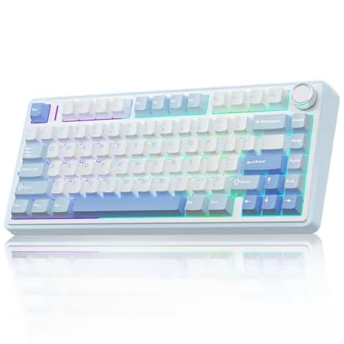 AULA F75 75% Wireless Mechanical Keyboard, Hot Swappable Creamy Keyboard, Pre-lubed Greywood Switches RGB Backlit Gaming Keyboards, 2.4GHz/Type-C/BT5.0(Salt White Blue) image