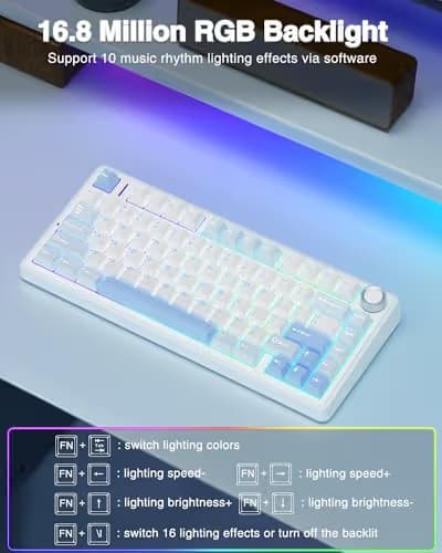 AULA F75 75% Wireless Mechanical Keyboard, Hot Swappable Creamy Keyboard, Pre-lubed Greywood Switches RGB Backlit Gaming Keyboards, 2.4GHz/Type-C/BT5.0(Salt White Blue) image
