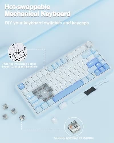 AULA F75 75% Wireless Mechanical Keyboard, Hot Swappable Creamy Keyboard, Pre-lubed Greywood Switches RGB Backlit Gaming Keyboards, 2.4GHz/Type-C/BT5.0(Salt White Blue) image