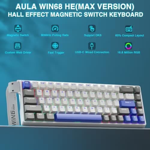 AULA WIN68 HE MAX - Hall Effect Gaming Keyboard with Magnetic Switch, Adjustable Actuation Fast Trigger Mode, 8KHz Polling Rate, RGB Backlit Wired Mechanical Gaming Keyboard 60 Percent Compact Design image