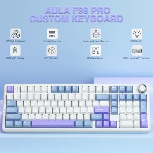 AULA F99 Pro Wireless Mechanical Keyboard with Knob,Creamy Sound,Tri-Mode BT5.0/USB-C/2.4GHz Hot Swappable Keyboard,Gasket Structure,RGB Backlit Computer Gaming Keyboards image
