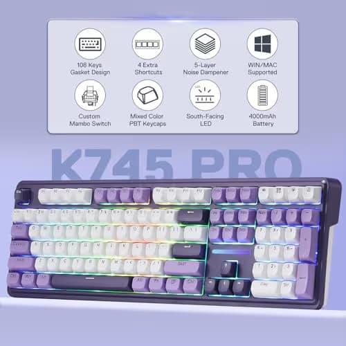 Redragon K745 PRO Wireless Gasket RGB Gaming Keyboard, 108 Keys Mechanical Keyboard w/Extra 4 Hotkeys, Hot-Swap Socket, 5-Layer Noise Dampening, See-Through Round PBT Keycaps, Mint Mambo Switch image