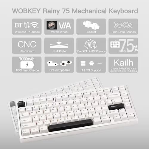 KEEBMONKEY WOBKEY Rainy 75 CNC Aluminum HMX/JWK/Cocoa Switches Triple-Mode Connectivity Mechanical Keyboard with Superior Acoustics, RGB/FR4/Silver SUS304/7000mAh/Cocoa Switch (Pro - Silver) image