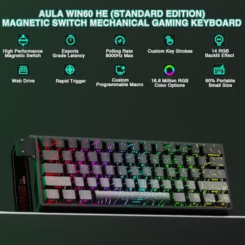 Aula WIN60 HE - 60% Mechanical Gaming Keyboard Wired, Hall Effect Magnetic Switch Hot Swappable, Adjustable Actuation RT Mode, 8000 Hz Polling Rate, RGB Keyboard 60 Percent Compact Design for PC image