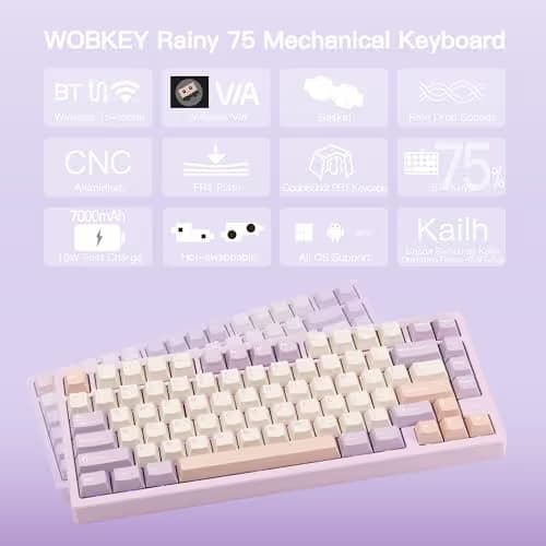 KEEBMONKEY WOBKEY Rainy 75 CNC Aluminum HMX/JWK/Cocoa Switches Triple-Mode Connectivity Mechanical Keyboard with Superior Acoustics, RGB/FR4/Silver SUS304/7000mAh/Cocoa Switch (Pro - Purple) image