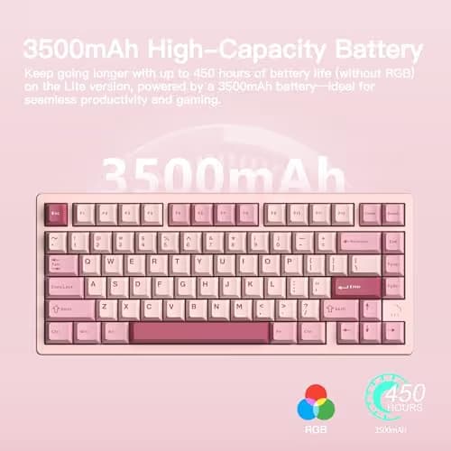 KEEBMONKEY WOBKEY Rainy 75 CNC Aluminum HMX/JWK/Cocoa Switches Triple-Mode Connectivity Mechanical Keyboard with Superior Acoustics, RGB/PP/Mirrored Glass/3500mAh/Violet Switch (Standard - Pink) image