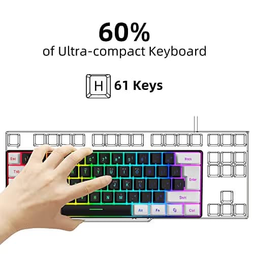 Snpurdiri 60% Wired Gaming Keyboard, Small RGB Backlit Membrane Gaming Keyboard, Ultra-Compact Mini Waterproof Keyboard for PC Computer Gamer White and Black image