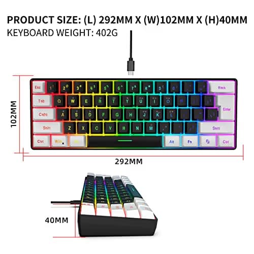 Snpurdiri 60% Wired Gaming Keyboard, Small RGB Backlit Membrane Gaming Keyboard, Ultra-Compact Mini Waterproof Keyboard for PC Computer Gamer White and Black image
