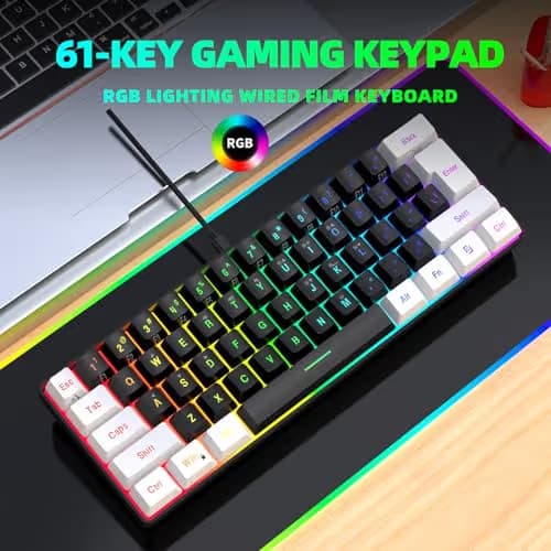 Snpurdiri 60% Wired Gaming Keyboard, Small RGB Backlit Membrane Gaming Keyboard, Ultra-Compact Mini Waterproof Keyboard for PC Computer Gamer White and Black image