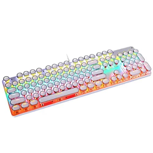 YSCP Typewriter Style Mechanical Gaming Keyboard Rainbow Backlit Wired with Blue Switch Retro Round Keycap 104 Keys Keyboard (L-White) main image