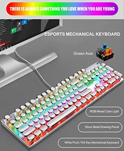YSCP Typewriter Style Mechanical Gaming Keyboard Rainbow Backlit Wired with Blue Switch Retro Round Keycap 104 Keys Keyboard (L-White) image
