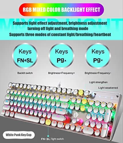 YSCP Typewriter Style Mechanical Gaming Keyboard Rainbow Backlit Wired with Blue Switch Retro Round Keycap 104 Keys Keyboard (L-White) image