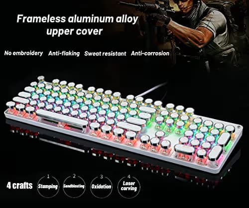 YSCP Typewriter Style Mechanical Gaming Keyboard Rainbow Backlit Wired with Blue Switch Retro Round Keycap 104 Keys Keyboard (L-White) image