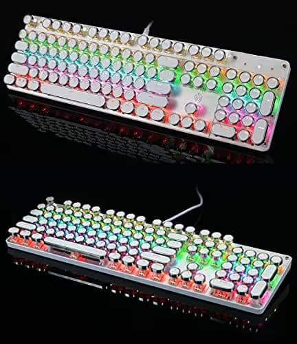 YSCP Typewriter Style Mechanical Gaming Keyboard Rainbow Backlit Wired with Blue Switch Retro Round Keycap 104 Keys Keyboard (L-White) image
