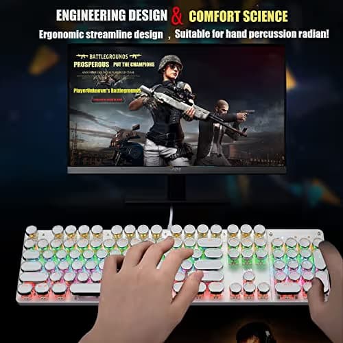 YSCP Typewriter Style Mechanical Gaming Keyboard Rainbow Backlit Wired with Blue Switch Retro Round Keycap 104 Keys Keyboard (L-White) image