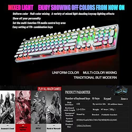 YSCP Typewriter Style Mechanical Gaming Keyboard Rainbow Backlit Wired with Blue Switch Retro Round Keycap 104 Keys Keyboard (L-White) image