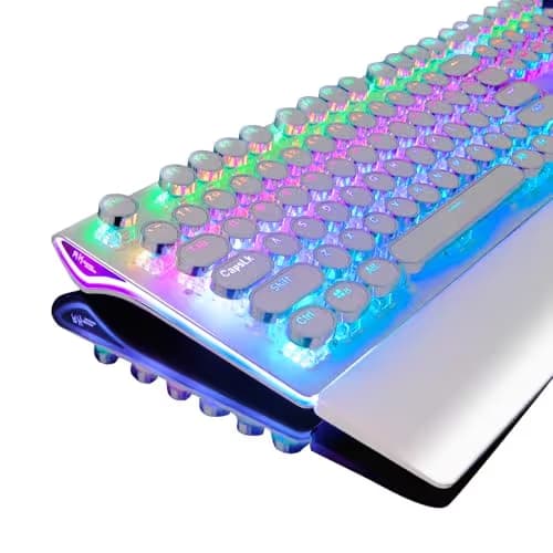 RK ROYAL KLUDGE S108 Typewriter Gaming Keyboard, Retro RGB Mechanical Keyboard, Full Size Wired Keyboards with Number Pad and Detachable Wrist Rest, Round Keycaps, Clicky Blue Switches White main image