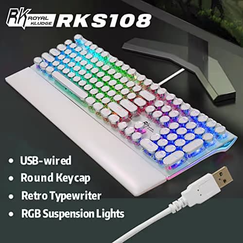 RK ROYAL KLUDGE S108 Typewriter Gaming Keyboard, Retro RGB Mechanical Keyboard, Full Size Wired Keyboards with Number Pad and Detachable Wrist Rest, Round Keycaps, Clicky Blue Switches White image