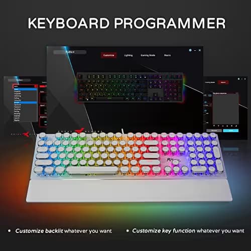 RK ROYAL KLUDGE S108 Typewriter Gaming Keyboard, Retro RGB Mechanical Keyboard, Full Size Wired Keyboards with Number Pad and Detachable Wrist Rest, Round Keycaps, Clicky Blue Switches White image