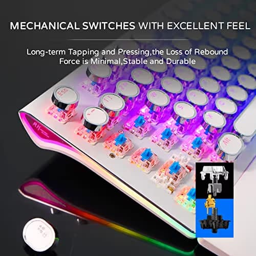 RK ROYAL KLUDGE S108 Typewriter Gaming Keyboard, Retro RGB Mechanical Keyboard, Full Size Wired Keyboards with Number Pad and Detachable Wrist Rest, Round Keycaps, Clicky Blue Switches White image