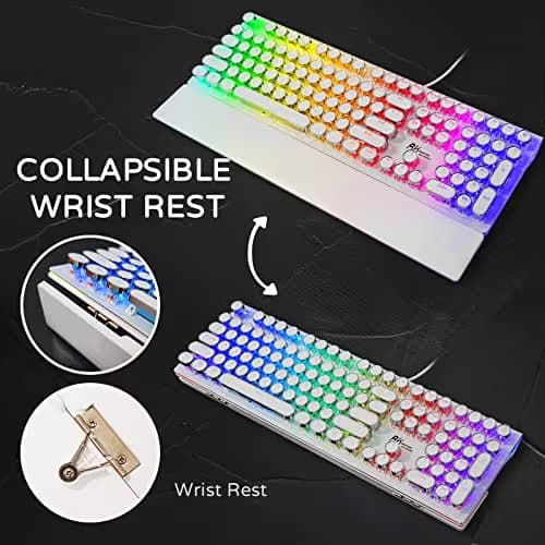 RK ROYAL KLUDGE S108 Typewriter Gaming Keyboard, Retro RGB Mechanical Keyboard, Full Size Wired Keyboards with Number Pad and Detachable Wrist Rest, Round Keycaps, Clicky Blue Switches White image