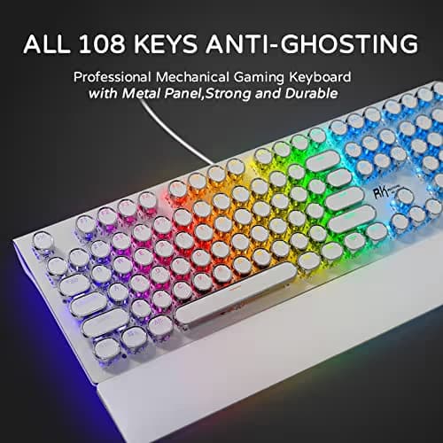 RK ROYAL KLUDGE S108 Typewriter Gaming Keyboard, Retro RGB Mechanical Keyboard, Full Size Wired Keyboards with Number Pad and Detachable Wrist Rest, Round Keycaps, Clicky Blue Switches White image
