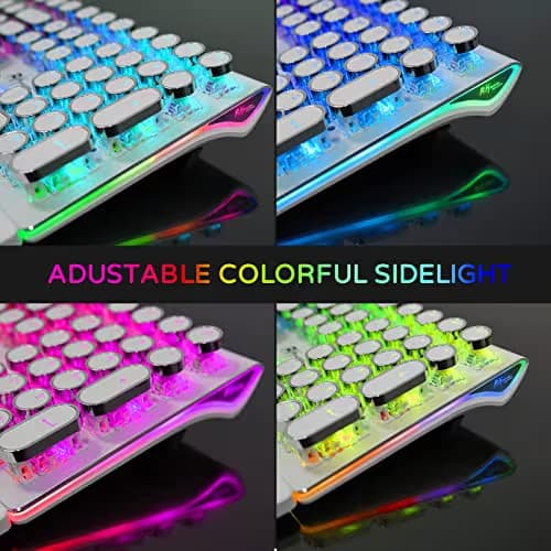 RK ROYAL KLUDGE S108 Typewriter Gaming Keyboard, Retro RGB Mechanical Keyboard, Full Size Wired Keyboards with Number Pad and Detachable Wrist Rest, Round Keycaps, Clicky Blue Switches White image
