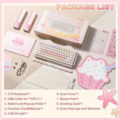 YUNZII C75 Wireless Mechanical Keyboard,75% Layout, Hot-Swappable NKRO,BT5.0/2.4G/USB-C Mode,Dye-Sub PBT MOA Keycaps,RGB Gasket Mount,Cute Cake Design for Mac/Win/Gaming (Beige, Candy Switch) image
