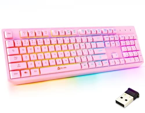 KLIM Chroma Pink Wireless Keyboard – RGB Backlit, Rechargeable Battery, Wireless Keyboard with Water-Resistant Durable Design, Compatible with PC, Mac, PS4, PS5 image