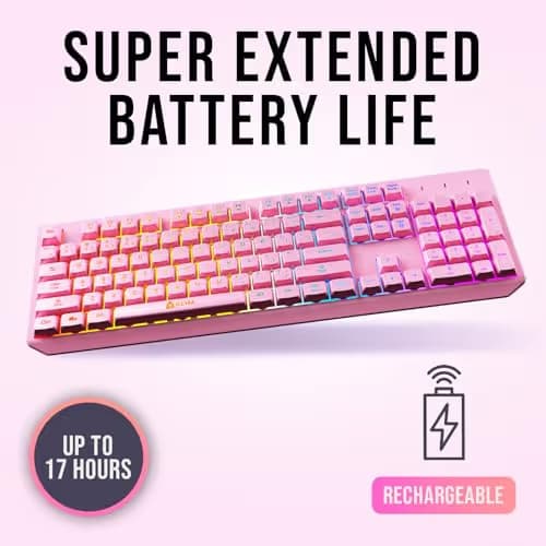KLIM Chroma Pink Wireless Keyboard – RGB Backlit, Rechargeable Battery, Wireless Keyboard with Water-Resistant Durable Design, Compatible with PC, Mac, PS4, PS5 image