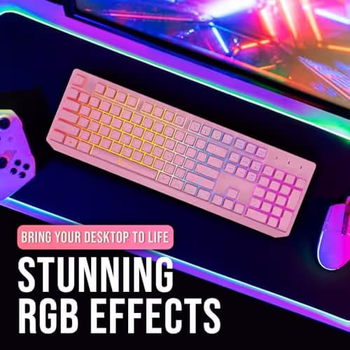KLIM Chroma Pink Wireless Keyboard – RGB Backlit, Rechargeable Battery, Wireless Keyboard with Water-Resistant Durable Design, Compatible with PC, Mac, PS4, PS5 image