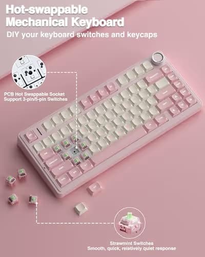 AULA F75 75% Wireless Mechanical Keyboard, Hot Swappable Pink Creamy Keyboard, Pre-lubed Linear Switches, PBT Keycaps, 2.4GHz/Type-C/BT5.0, RGB Backlit Computer Gaming Keyboards for Office/Laptop/PC image