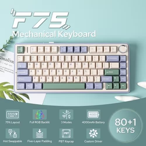 EPOMAKER x Aula F75 Gasket Mechanical Keyboard, 75% Wireless Hot Swappable Gaming Keyboard with Five-Layer Padding&Knob, BT/2.4GHz/USB-C, RGB (Green, LEOBOG Reaper Switch) image