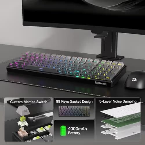 Redragon K744 GB PRO 99 Keys Wireless Gasket RGB Gaming Keyboard, 3-Mode Mechanical Keyboard w/Hot-Swap Socket, Gradient PBT Keycaps & 5-Layer Noise Dampening, Custom Linear Switch image