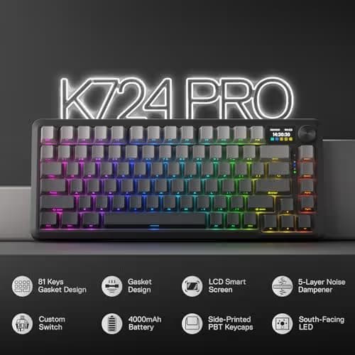 Redragon K724 PRO Wireless Gasket Gaming Keyboard w/Hype 1.14’’ TFT Screen & Knob, 81-Key 75% Mechanical Keyboard, 5-Layer Noise Dampening, Hot-Swap South-Facing RGB Socket, Gradient PBT Keycaps image