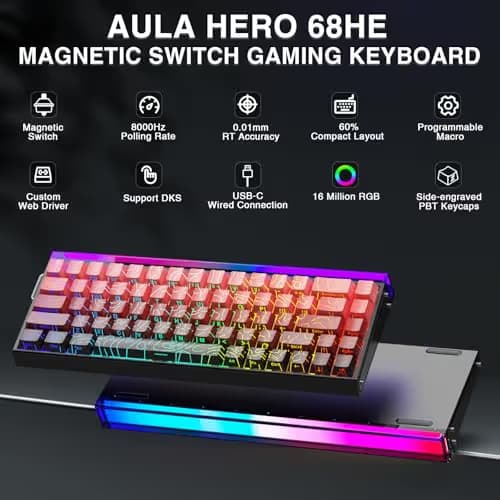 AULA Hero 68 HE 60% Gaming Keyboard Wired, Hall Effect Magnetic Switch Keyboard with 8K Hz Polling Rate, Side Printed PBT Keycaps, RGB Light Box, Customizable Web Software for PC/Mac Gamers image