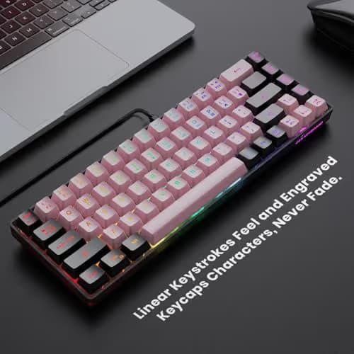 GEODMAER 65% Wired Gaming Keyboard, LED Backlit, Ultra-Compact Anti-Ghosting No-Conflict 68 Keys Membrane Gaming Wired Keyboard for PC Laptop Windows Gamer(Pink-Black) image