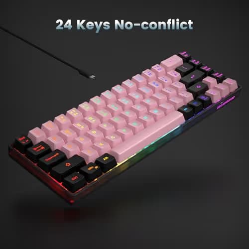 GEODMAER 65% Wired Gaming Keyboard, LED Backlit, Ultra-Compact Anti-Ghosting No-Conflict 68 Keys Membrane Gaming Wired Keyboard for PC Laptop Windows Gamer(Pink-Black) image
