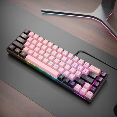 GEODMAER 65% Wired Gaming Keyboard, LED Backlit, Ultra-Compact Anti-Ghosting No-Conflict 68 Keys Membrane Gaming Wired Keyboard for PC Laptop Windows Gamer(Pink-Black) image