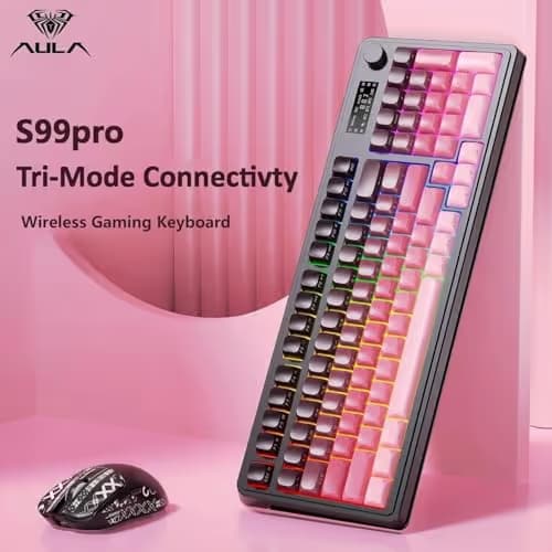 AULA S99 Pro Keyboard, Wireless Keyboards with Media Knob Custom RGB Backlit, 3-Modes BT/2.4G/USB-C Membrane Gaming Creamy Keyboard for Windows/MAC/PC Gamer - Black Pink image