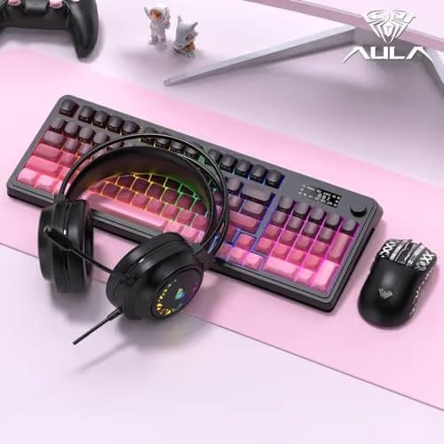 AULA S99 Pro Keyboard, Wireless Keyboards with Media Knob Custom RGB Backlit, 3-Modes BT/2.4G/USB-C Membrane Gaming Creamy Keyboard for Windows/MAC/PC Gamer - Black Pink image