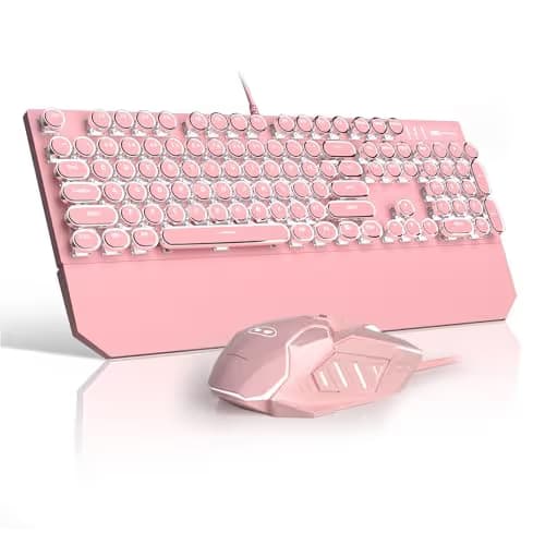 Retro Pink Typewriter-Style Keyboard and Mouse Combo, Cute Light Up Wired Mechanical Keyboard with Linear Red Switches, Full Size for Gaming, Work, Mac, PC, Windows main image