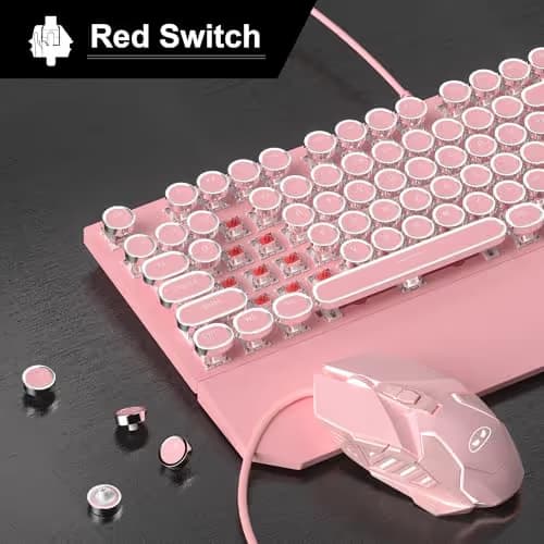 Retro Pink Typewriter-Style Keyboard and Mouse Combo, Cute Light Up Wired Mechanical Keyboard with Linear Red Switches, Full Size for Gaming, Work, Mac, PC, Windows image